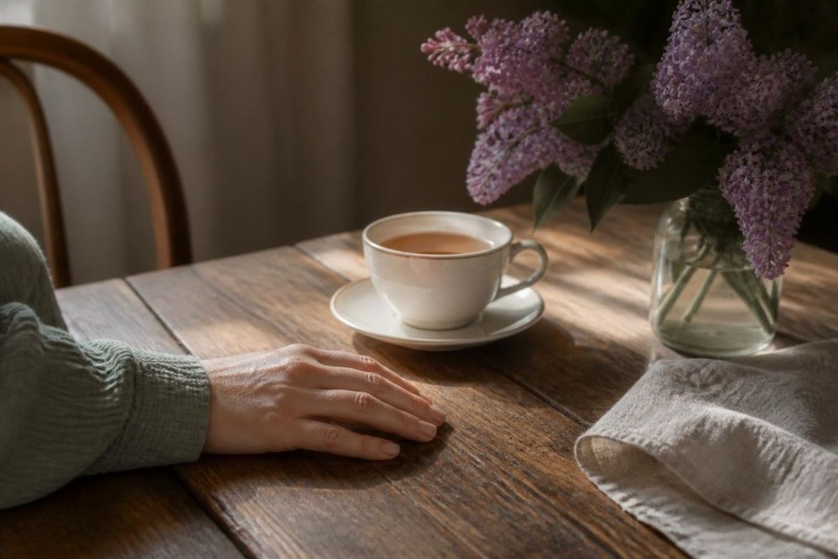 A hand resting on a table beside a cup of tea